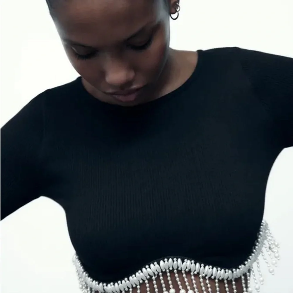 Zara Jewel Detail Crop Top in black with a rhinestone fringe appliqué NWT